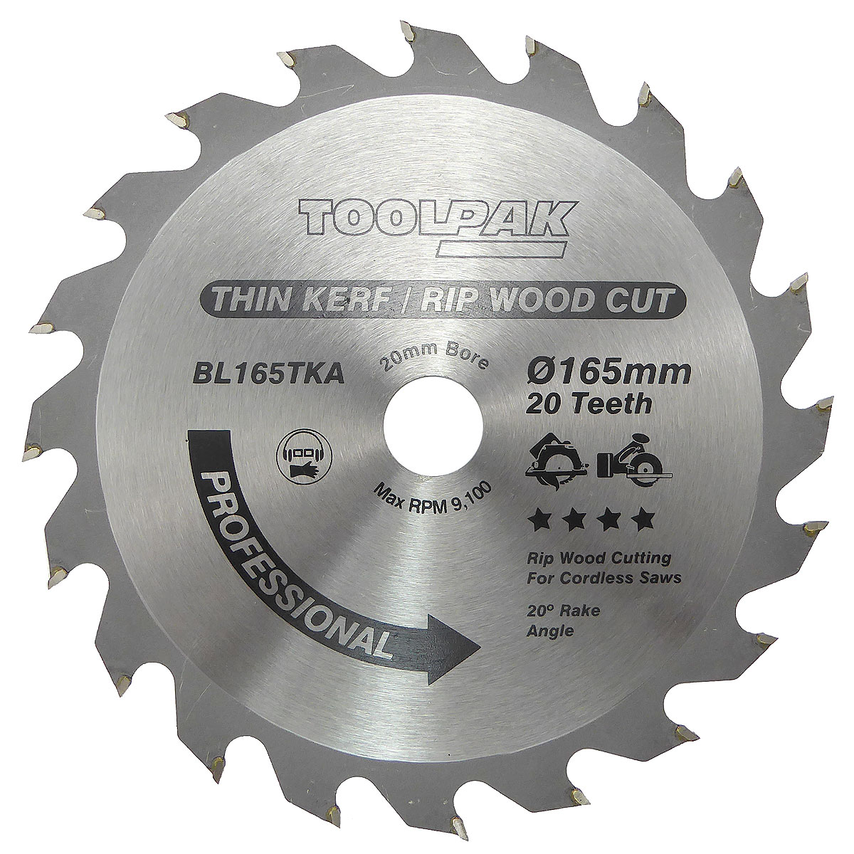 165mm x 20mm x 20T Thin Kerf Cordless TCT Saw Blade